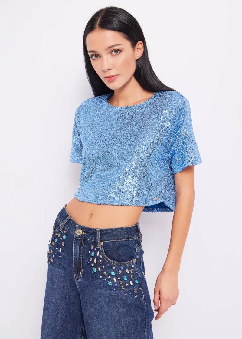 BLUSA CROPPED IN PAILLETTES M/C art. 411ND45009 Donna Denny Rose Primavera Estate 2024 - Denny Store Italia