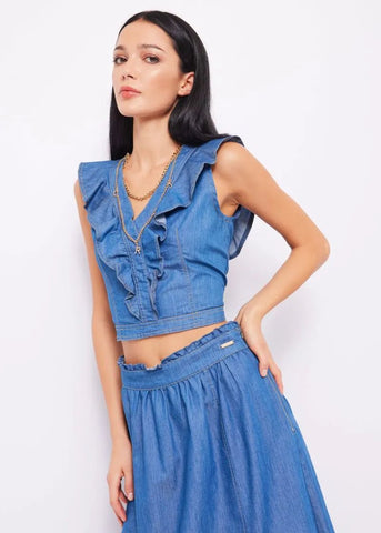 BLUSA CROPPED S/M IN CHAMBRAY art. 411ND45004 Donna Denny Rose Primavera Estate 2024 - Denny Store Italia