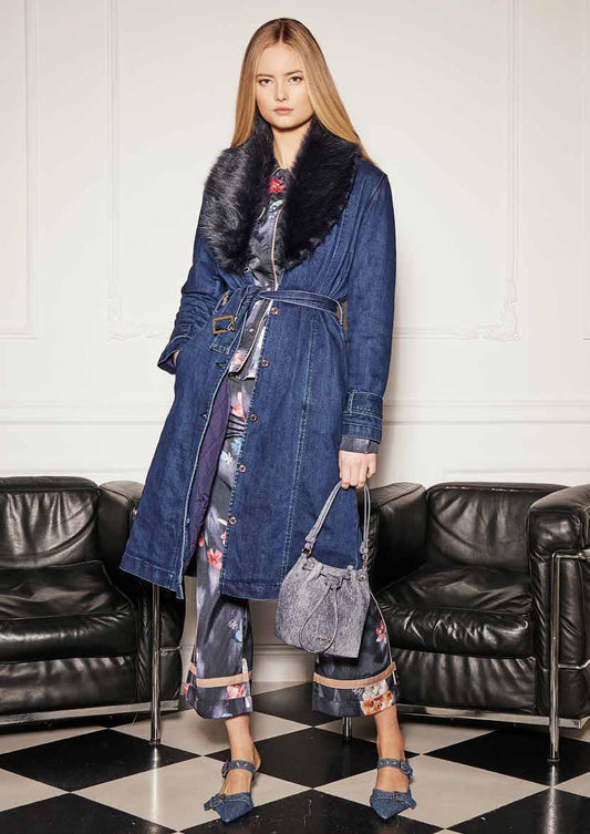 Trench In Denim M/L Collo In Ecopelliccia - art. 421ND36003 - Denny Rose Autunno Inverno 2024/25 Donna