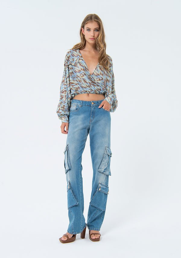 Jeans flare cargo in denim con lavaggio vintage - Fracomina Primavera Estate SS 2024 - FS24SV3005D40093 - Denny Store Italia