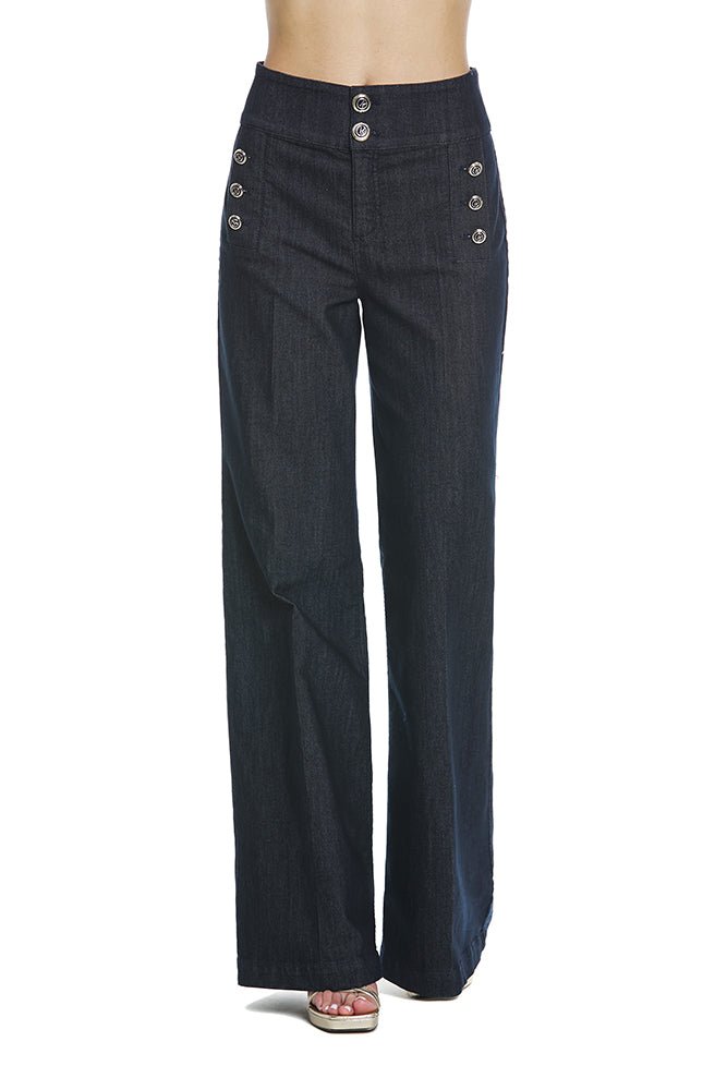 Panta Lagertha Vita Alta C/Bustino Alto+Ts+Bottoni Gamba Larga Denim Blu art. RDP2407135048 Donna Relish Primavera Estate 2024 - Denny Store Italia