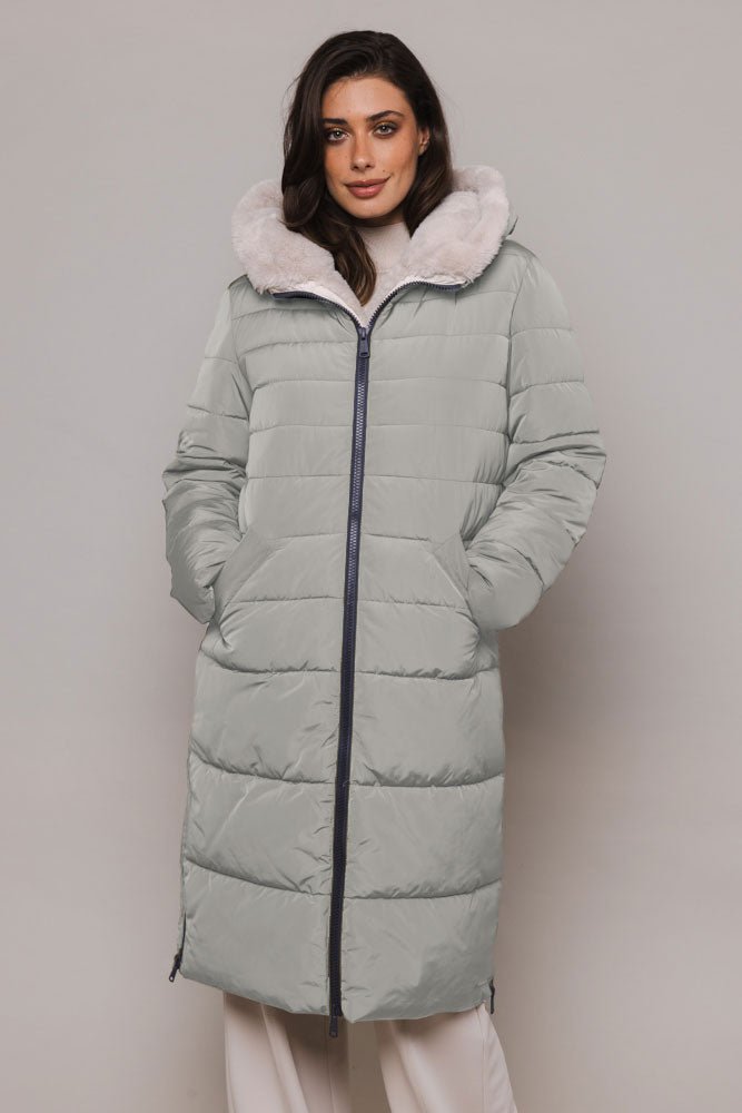 Piumino KEILAFUR LONG PADDED HOODED COAT WITH FAUX FUR - Rino & Pelle - Autunno Inverno 2024/25 - Artichoke stone - Denny Store